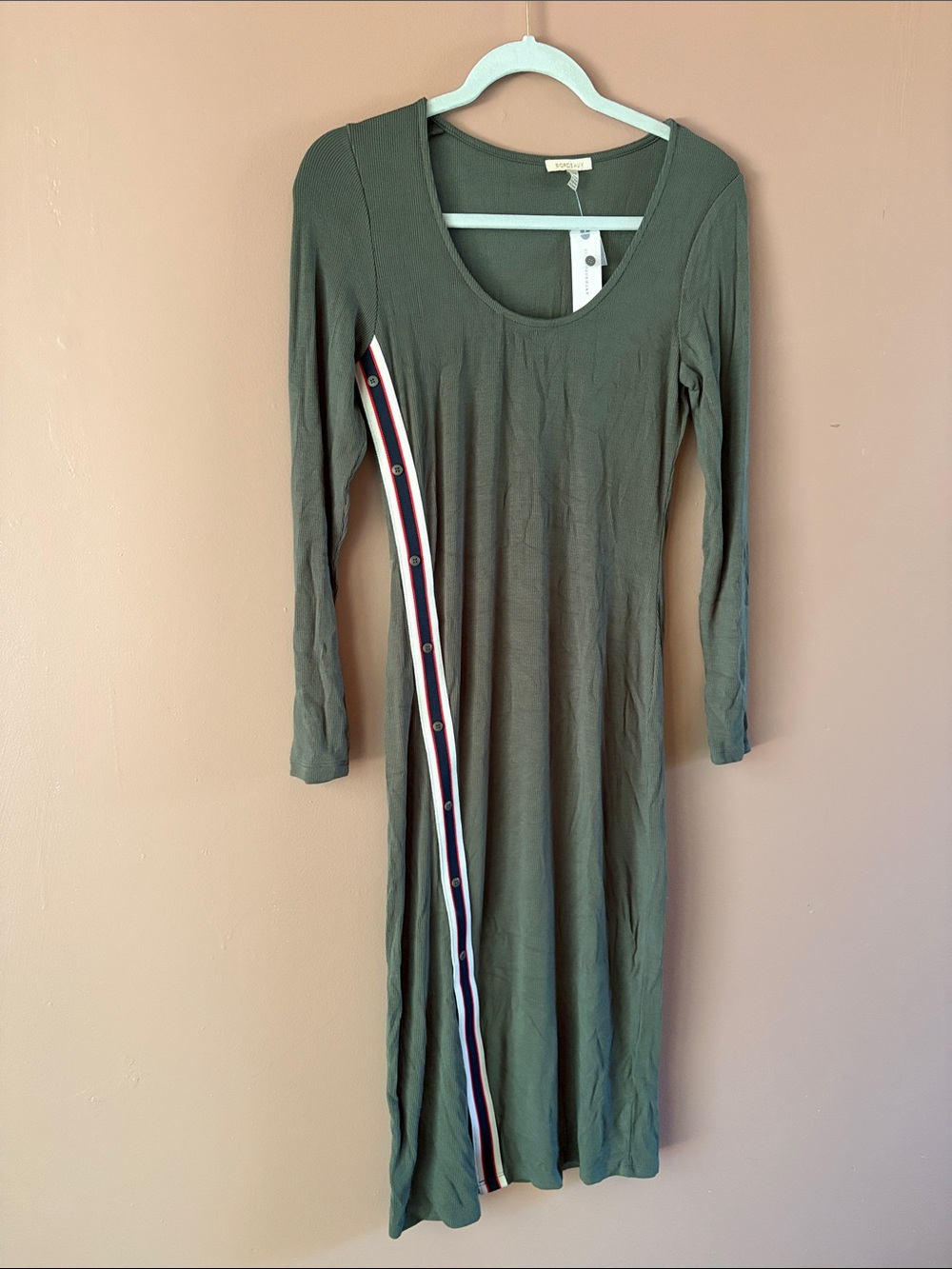 Anthropologie Olive Green Long-Sleeve Scoop Neck Midi Dress with Side Stripe